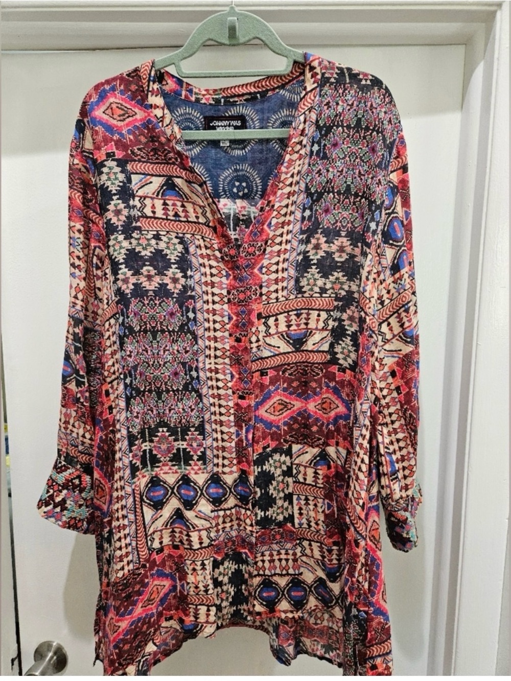 Johnny Was Voyager Tunic Multicolor Printed V-Neck Women's Tunic Top L